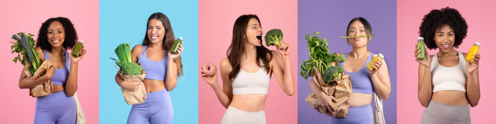Personas jóvenes con alimentos saludables y zumos verdes representando hábitos saludables y bienestar físico