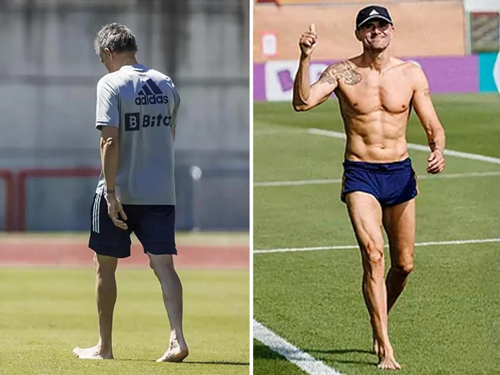 Luis Henrique caminando descalzo sobre el césped practicando grounding o earthing