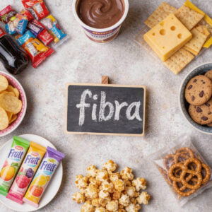 Alimentos procesados como snacks, galletas y bebidas junto a la palabra fibra, representando la tendencia de añadir fibra en productos industriales