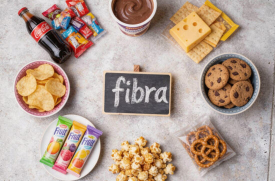 Alimentos procesados como snacks, galletas y bebidas junto a la palabra fibra, representando la tendencia de añadir fibra en productos industriales