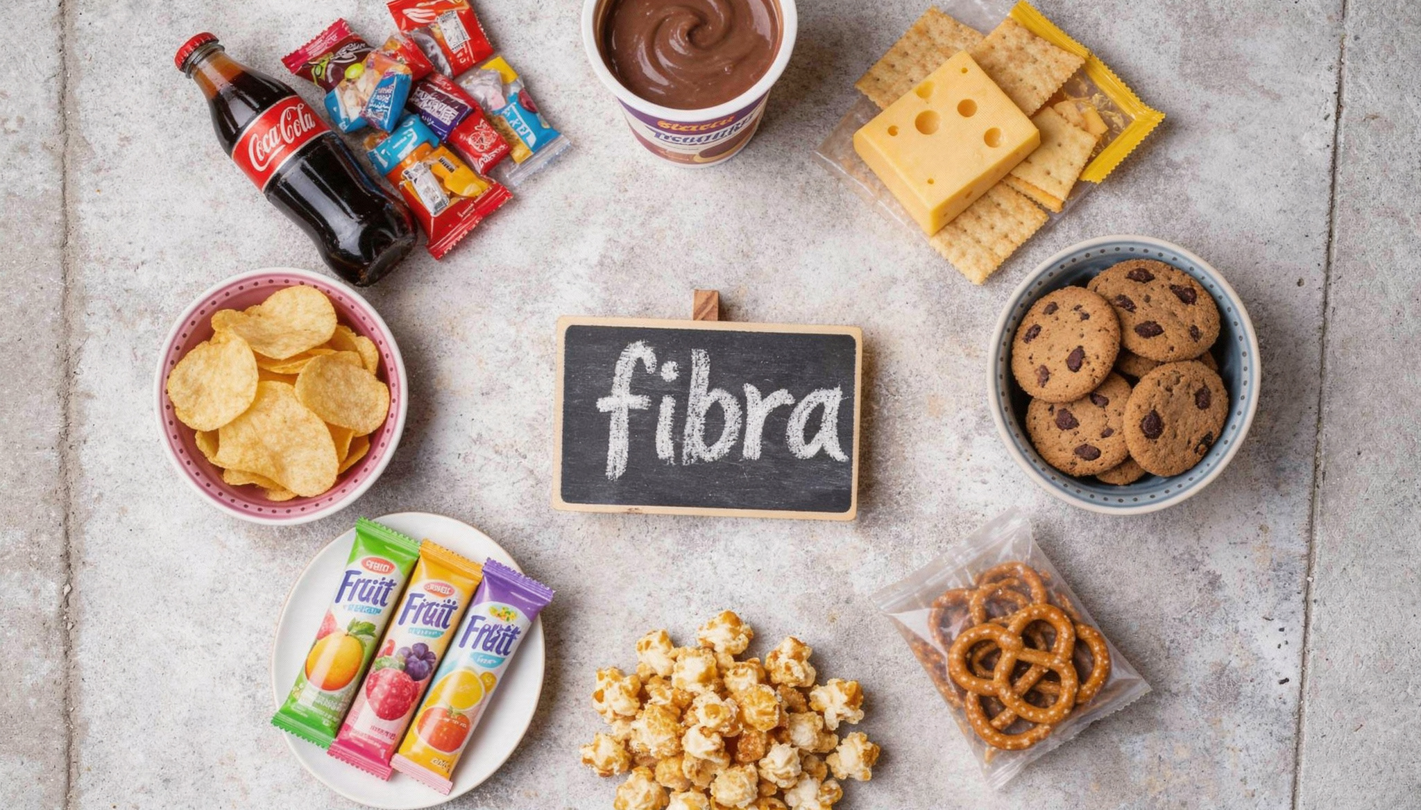 Alimentos procesados como snacks, galletas y bebidas junto a la palabra fibra, representando la tendencia de añadir fibra en productos industriales