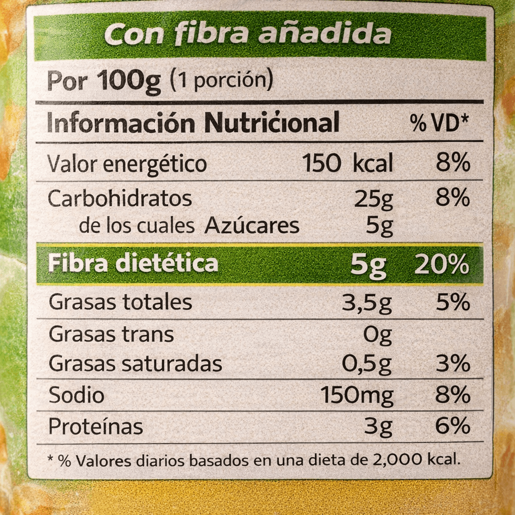 Etiqueta nutricional de un alimento con fibra añadida que destaca 5 g de fibra dietética por porción