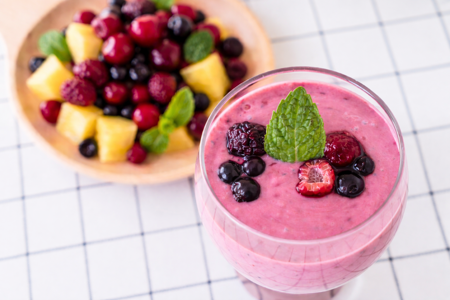 Smoothie de piña y frutos rojos con jengibre fresco, decorado con menta, bebida antioxidante natural y digestiva