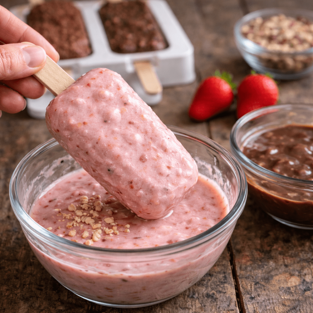 helado vegano de fresa casero antes de la cobertura