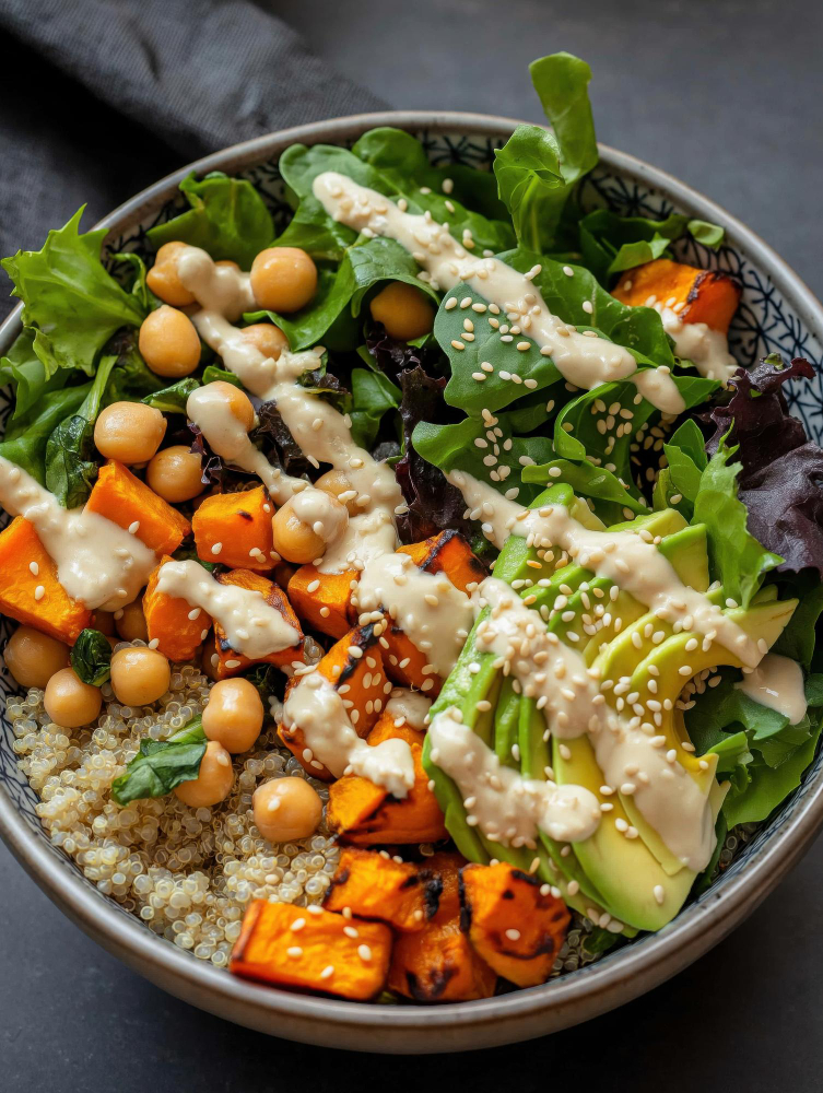 bowl de quinoa saludable con calabaza asada garbanzos aguacate y salsa de tahini con semillas