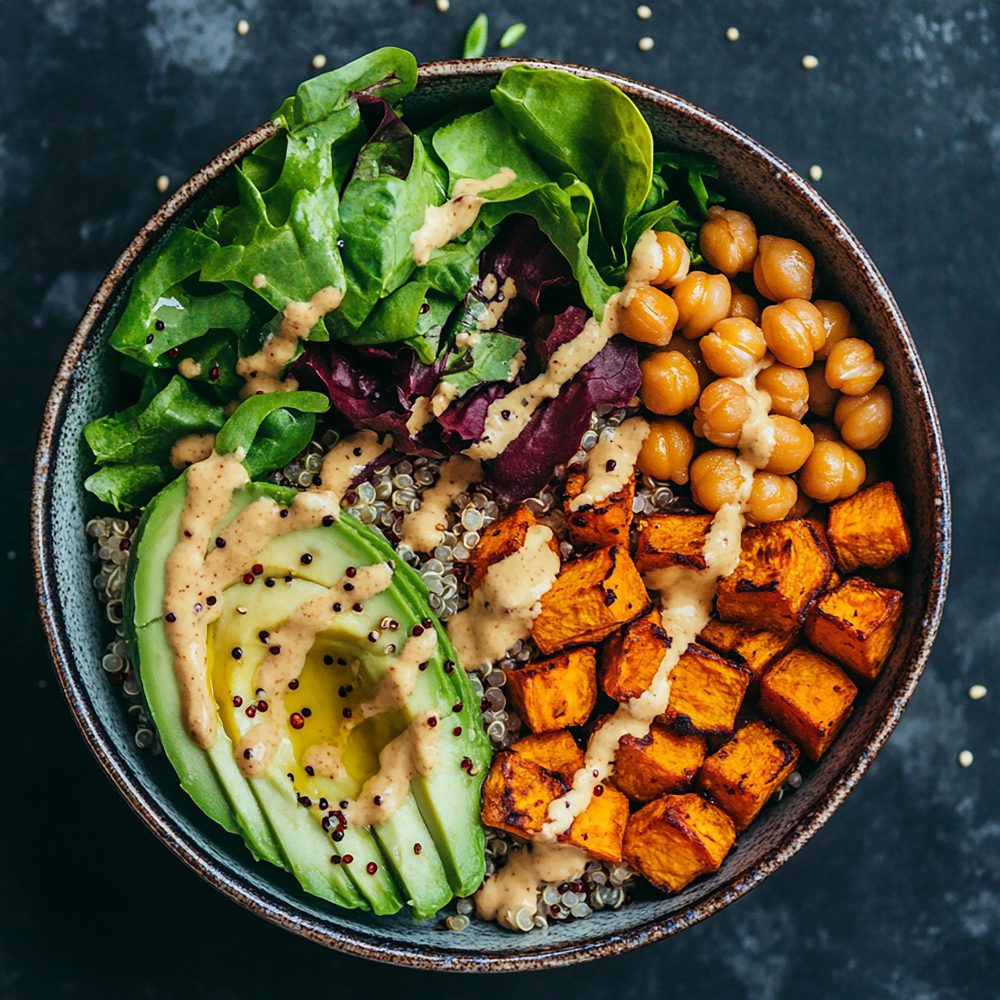 bowl de quinoa saludable con calabaza asada garbanzos aguacate y salsa de tahini