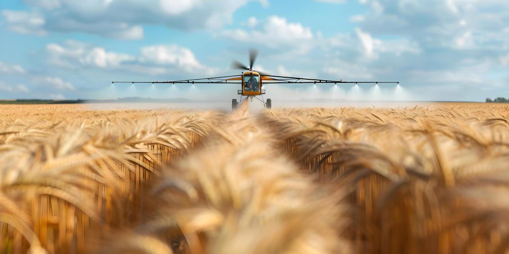 Cadmio en el pan: campo de trigo con fertilización agrícola, origen de la contaminación por metales pesados en alimentos