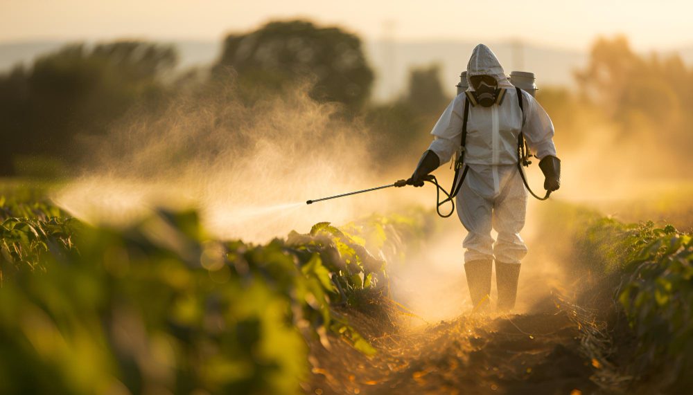Agricultor con traje de protección aplicando pesticidas en frutas y verduras