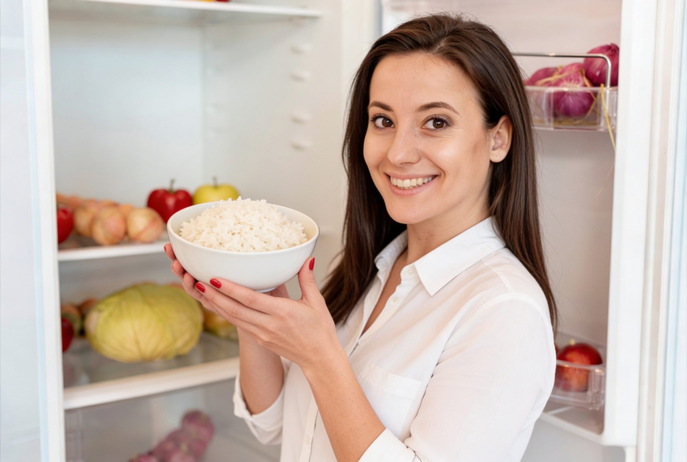 Mujer sosteniendo un bol de arroz frío rico en almidón resistente frente a la nevera