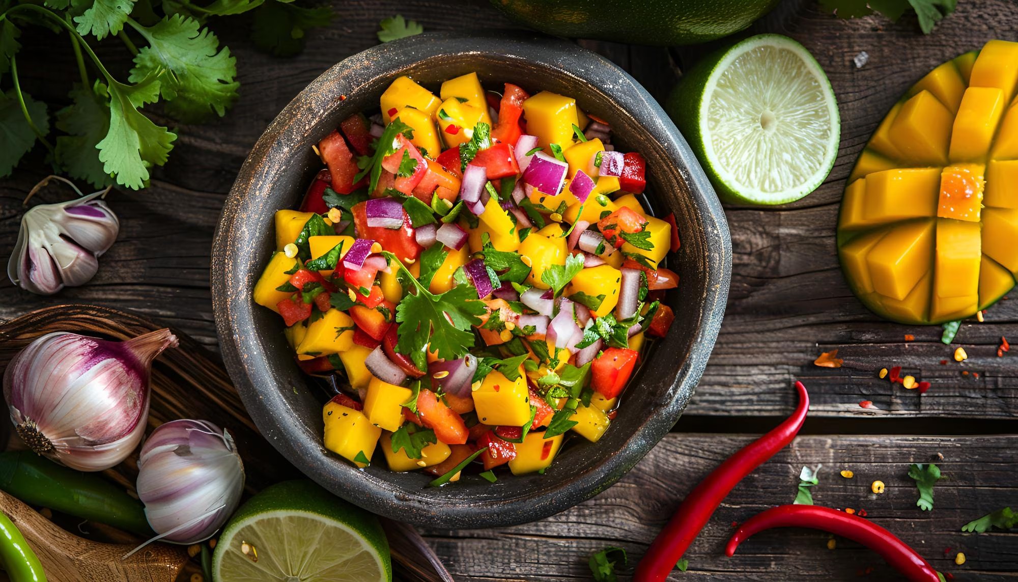 Ensalada de mango con cilantro, cebolla morada, chile fresco y lima servida en un cuenco.