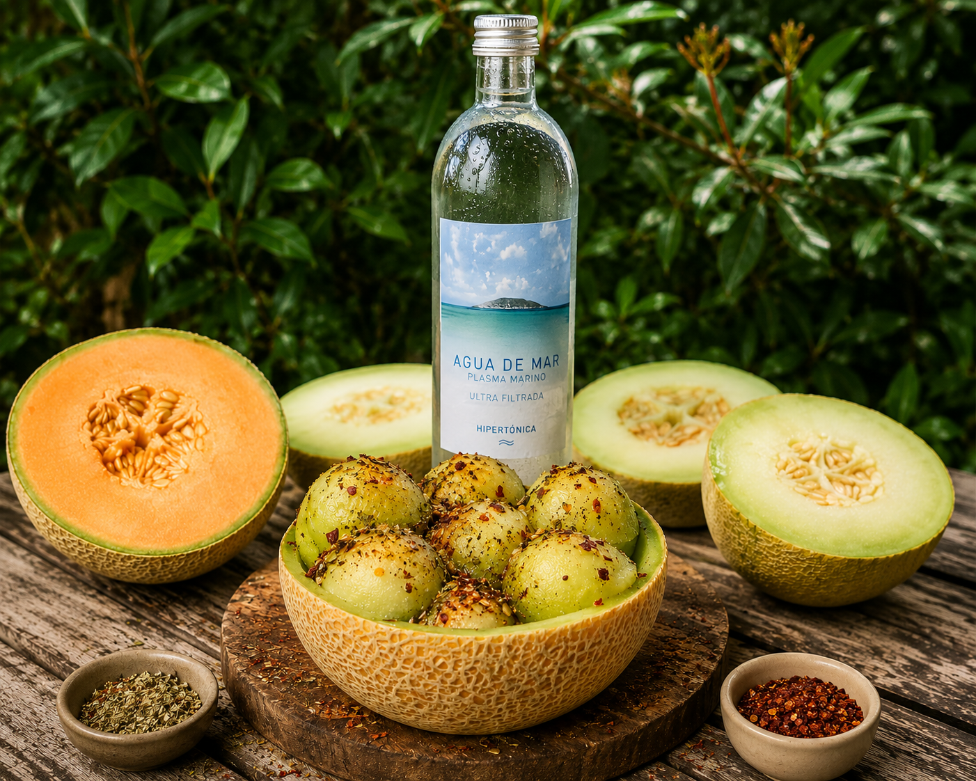 Receta de melón con agua de mar y aliño de especias servida con bolas de melón, hierbas aromáticas y agua de mar culinaria.